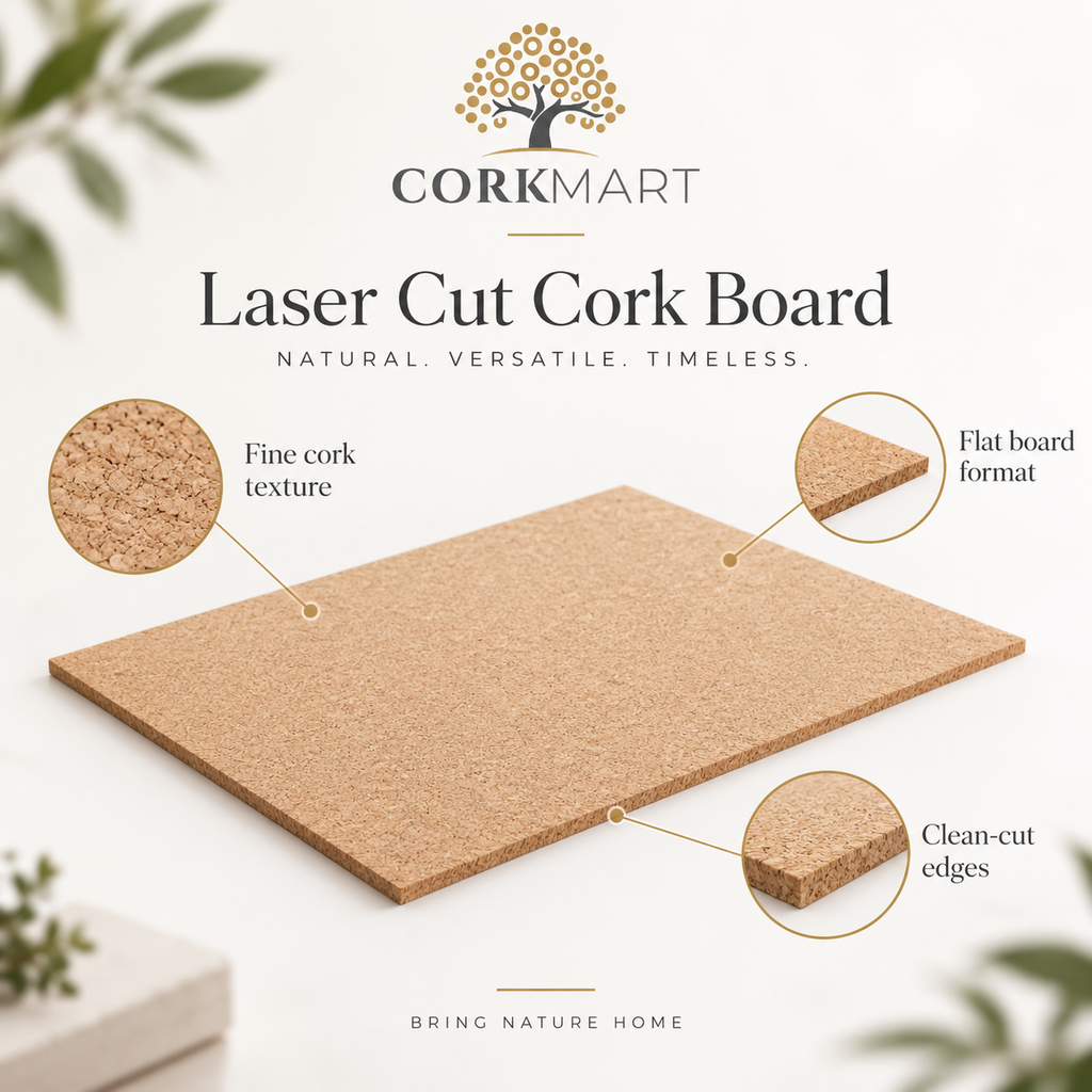 Laser Cut Cork Board infographic with CorkMart branding