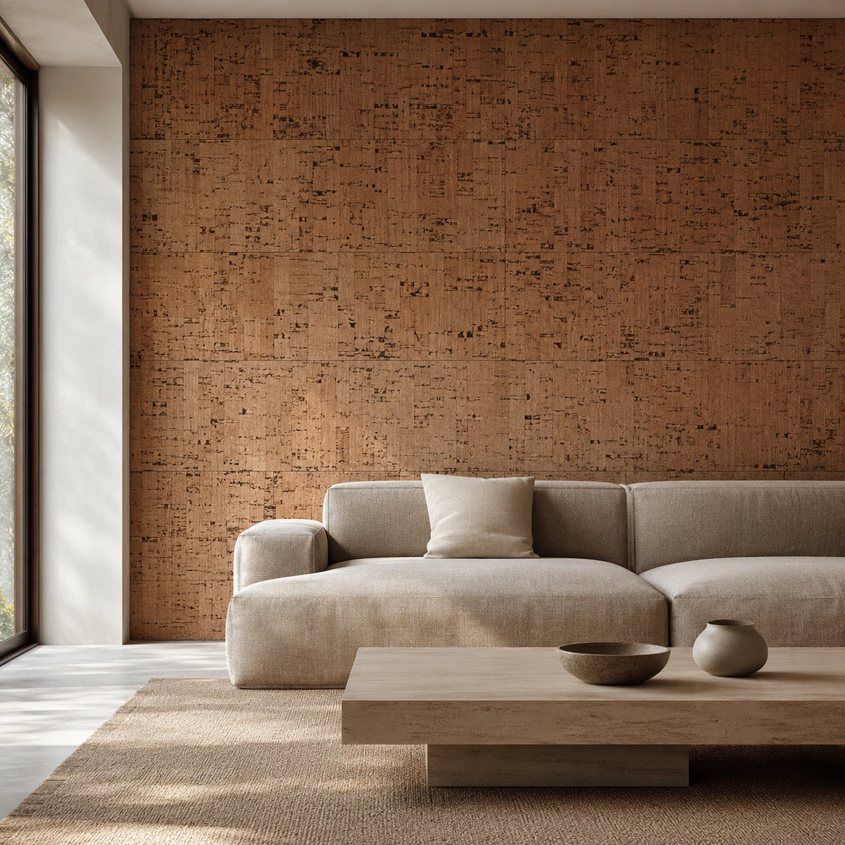 Linea cork wall tile shown in a conceptual architectural interior visualization