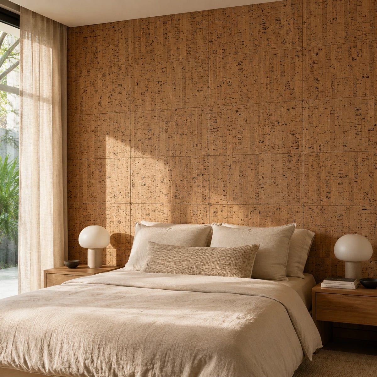 Linea cork wall tile shown in a conceptual residential bedroom visualization