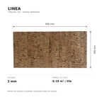 Linea cork wall tile dimensions for the 600 × 300 × 3 mm format; 300 × 300 mm format also available