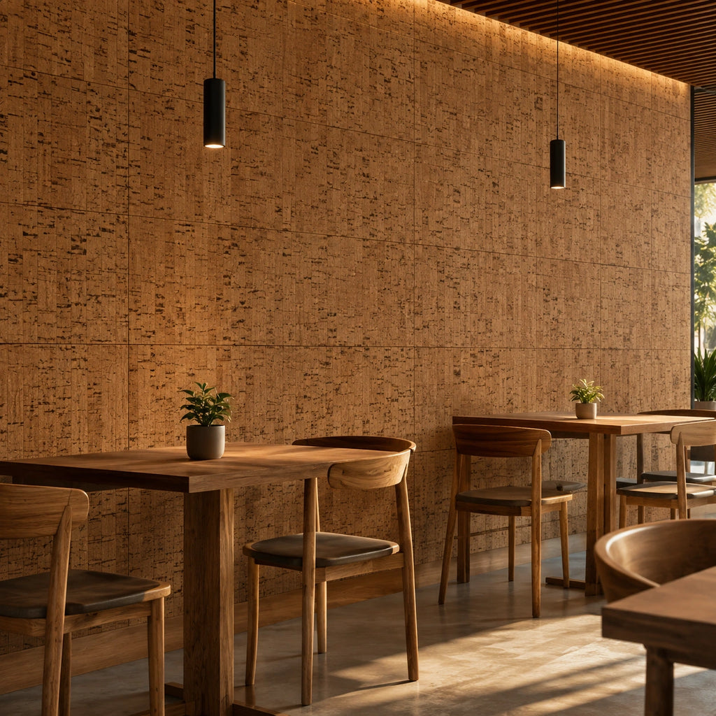 Linea cork wall tile shown in a conceptual hospitality restaurant visualization