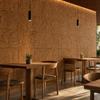 Linea cork wall tile shown in a conceptual hospitality restaurant visualization