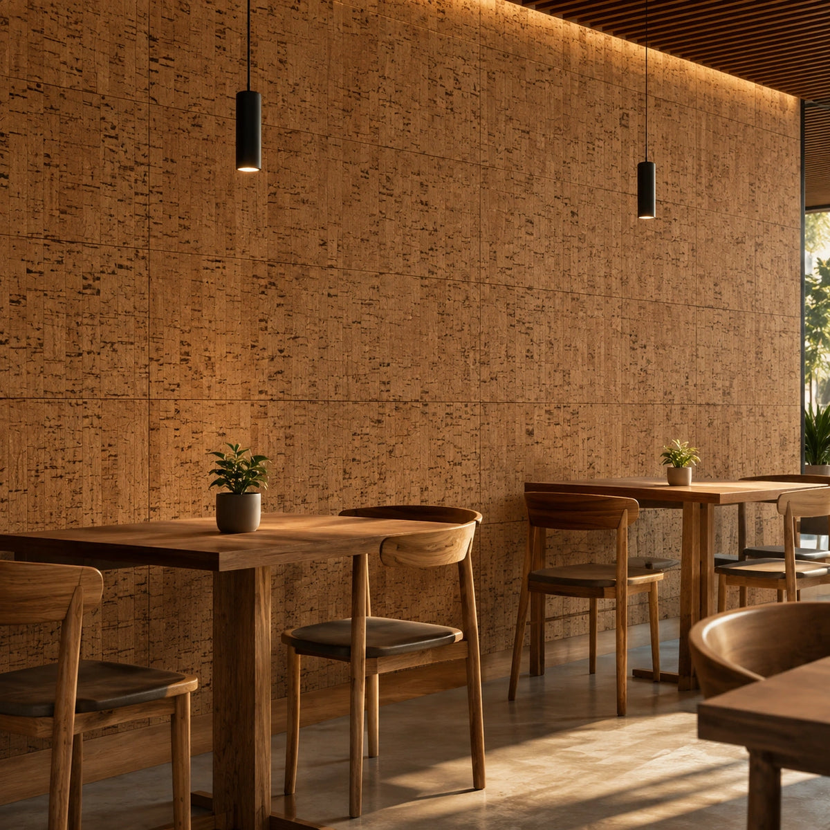 Linea cork wall tile shown in a conceptual hospitality restaurant visualization