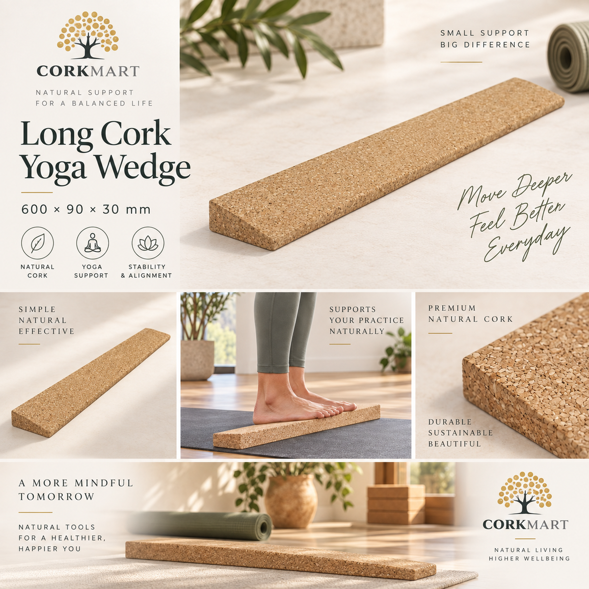 Long cork yoga wedge editorial collage with official CorkMart logo, correct proportions, product texture, use and dimensions