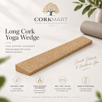 Long cork yoga wedge infographic with official CorkMart logo, 600 × 90 × 30 mm dimensions, natural cork and Made in Portugal