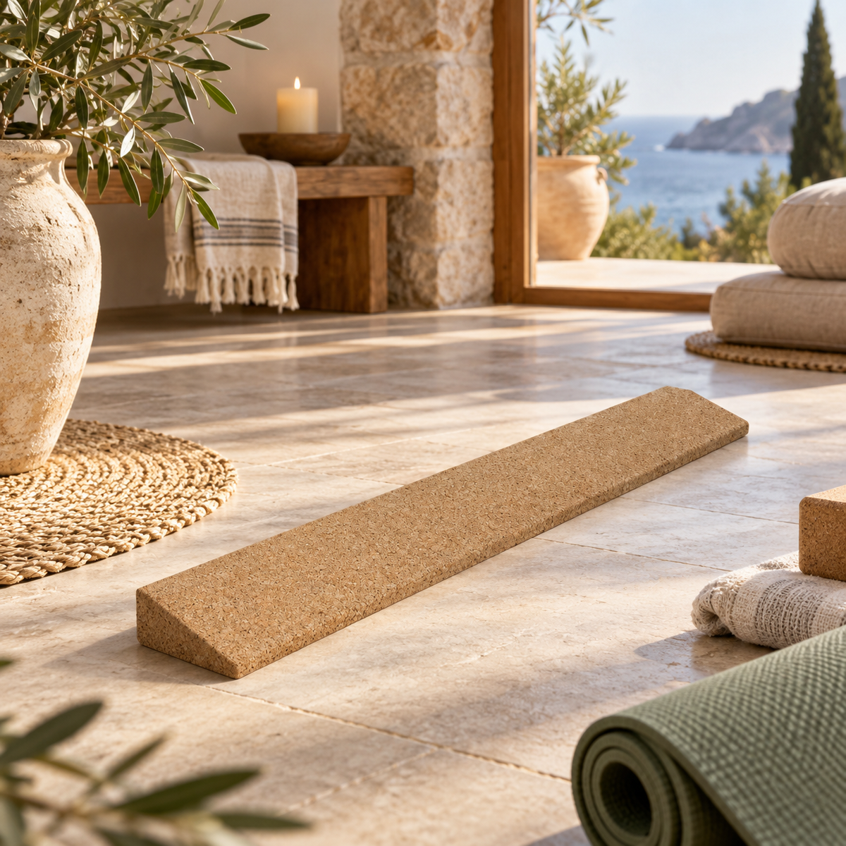 Long cork yoga wedge in a warm Mediterranean-inspired wellness studio