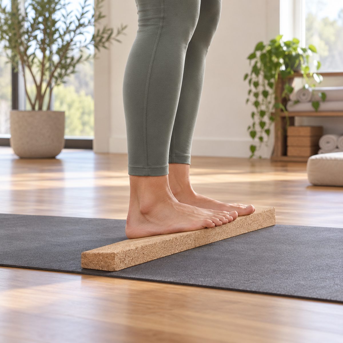 Long cork yoga wedge used under the feet for yoga alignment and mobility practice