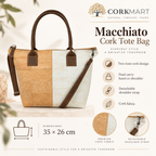 Macchiato Cork Tote Bag infographic with dimensions and product features