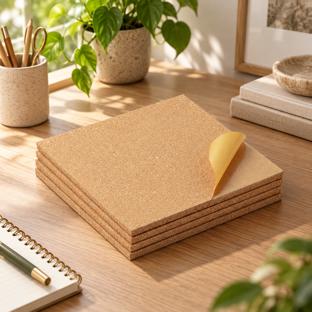 Medium-grained Self Adhesive Cork Sheet in a premium natural workspace setting