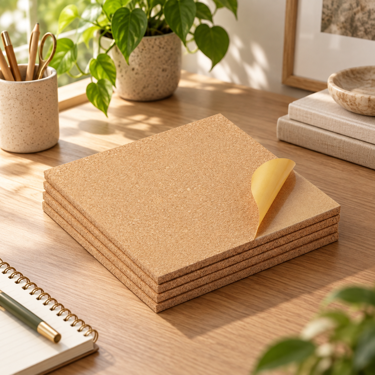 Medium-grained Self Adhesive Cork Sheet in a premium natural workspace setting