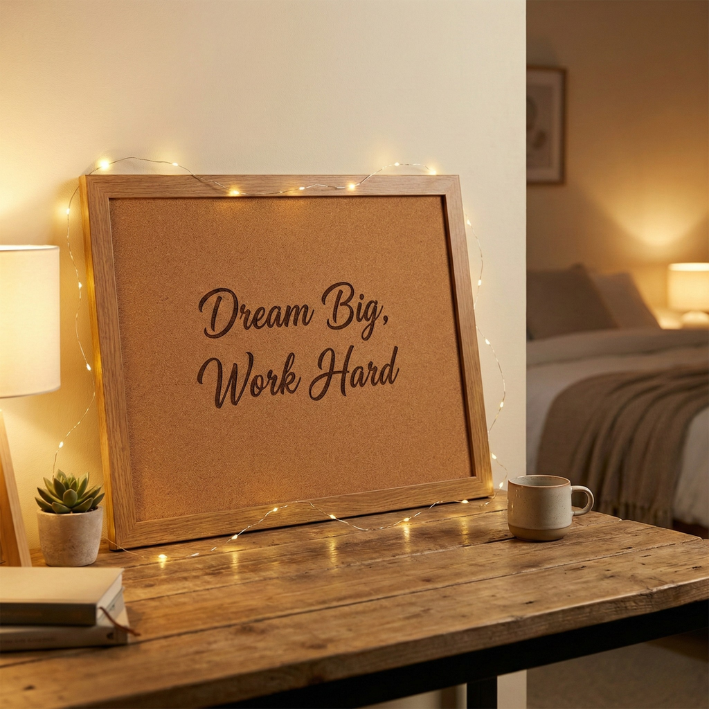 Custom laser engraved cork board with wood frame by CorkMart