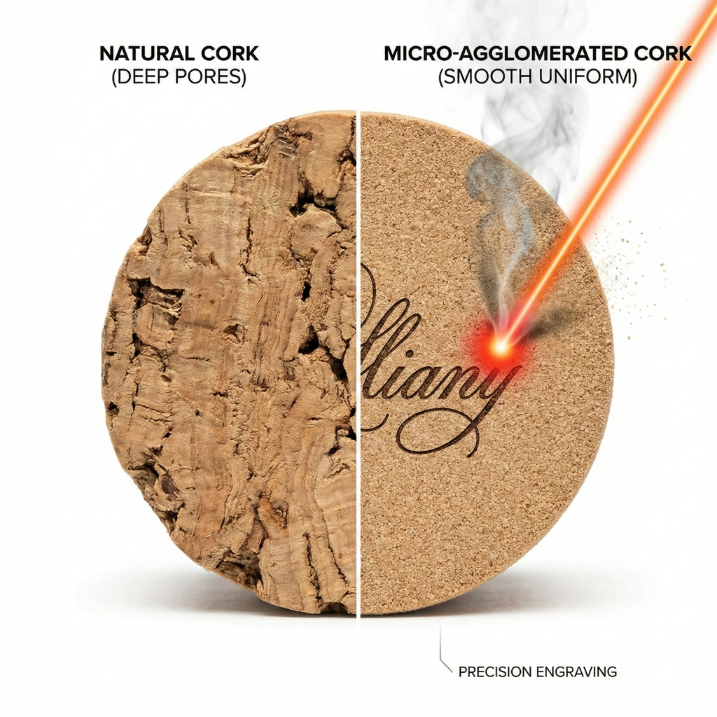 Custom laser engraved micro-agglomerated cork stopper by CorkMart