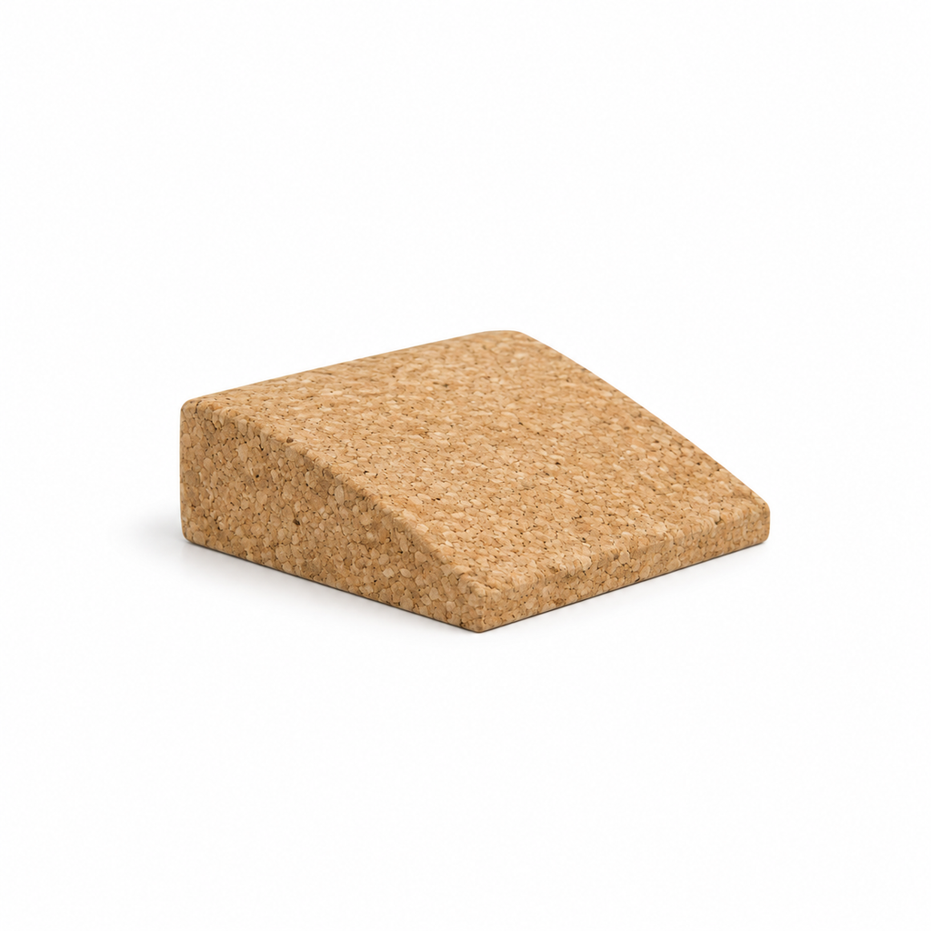 Mini cork yoga wedge, 100 × 90 × 30 mm, angled studio view showing compact tapered profile