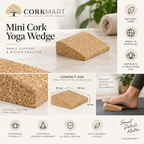 Mini cork yoga wedge editorial collage with official CorkMart logo, product texture, use and dimensions