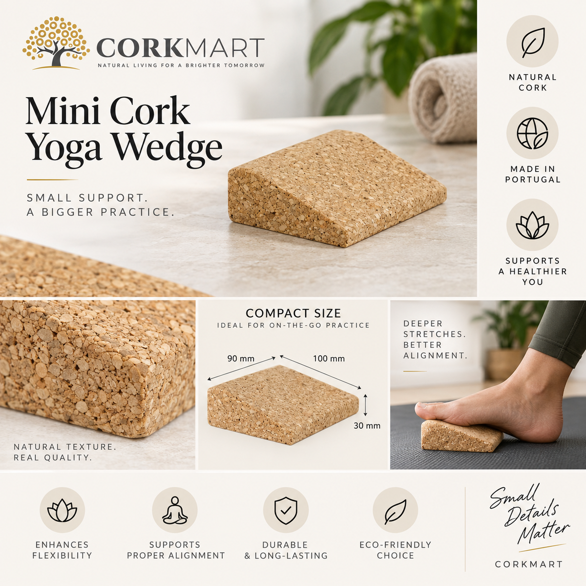 Mini cork yoga wedge editorial collage with official CorkMart logo, product texture, use and dimensions