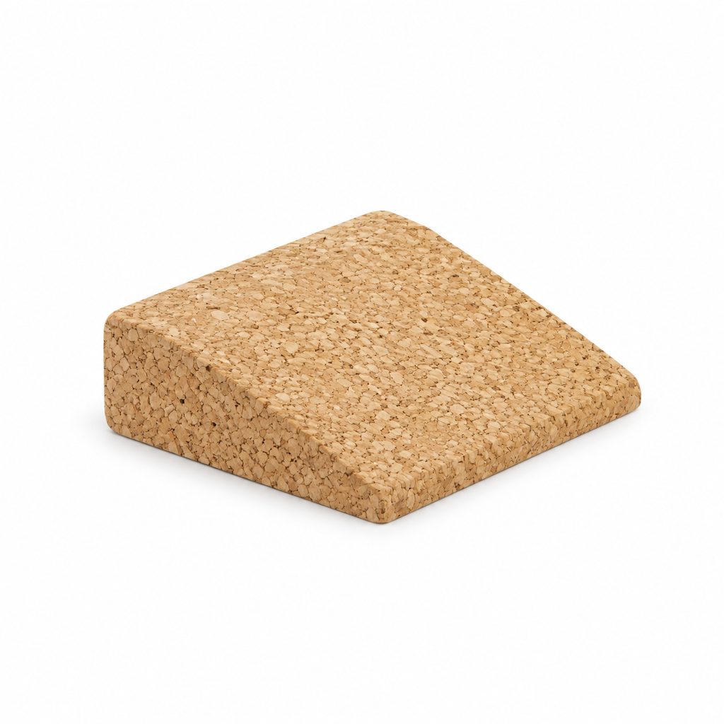 Mini cork yoga wedge, 100 × 90 × 30 mm, natural cork on white background