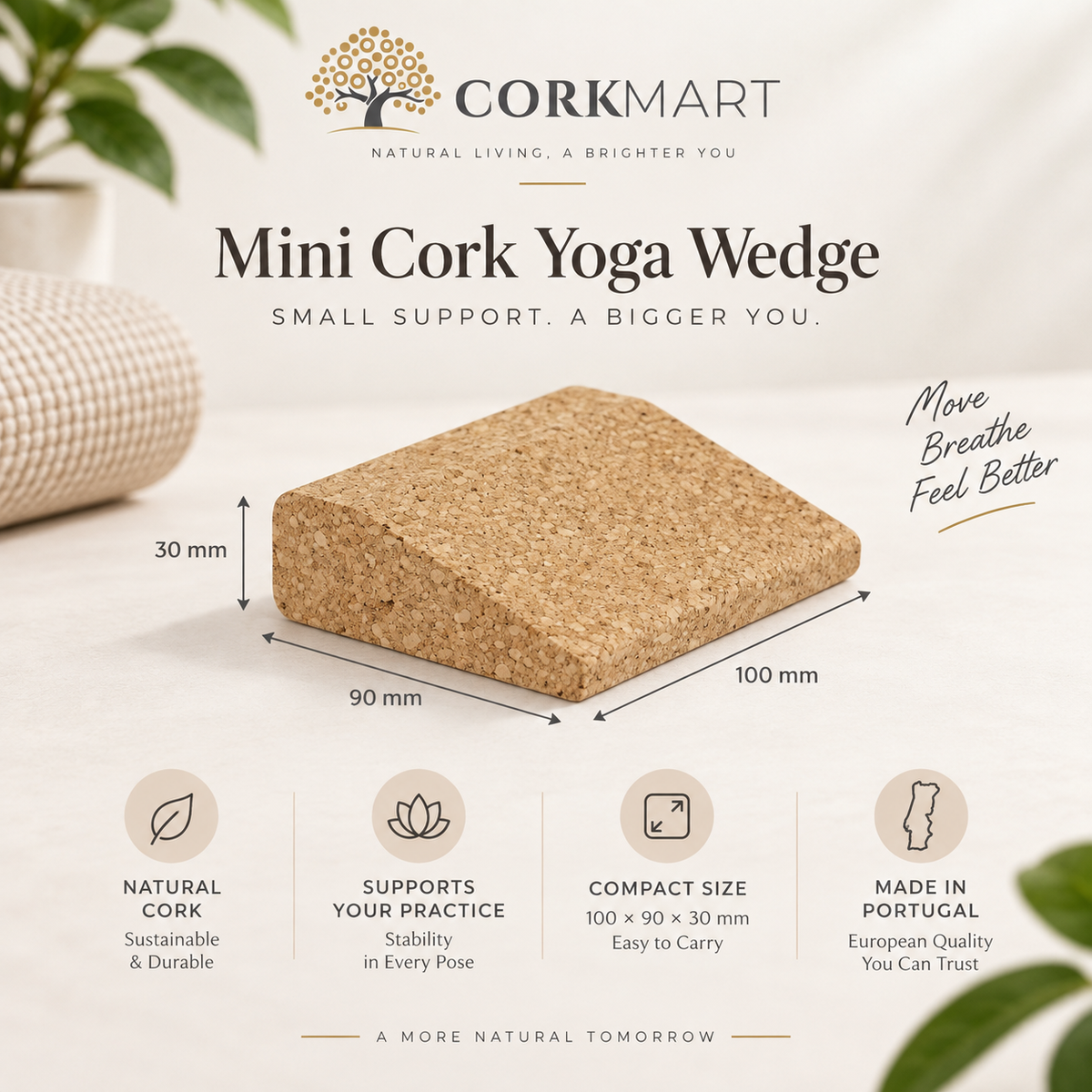 Mini cork yoga wedge infographic with official CorkMart logo, 100 × 90 × 30 mm dimensions, natural cork and Made in Portugal