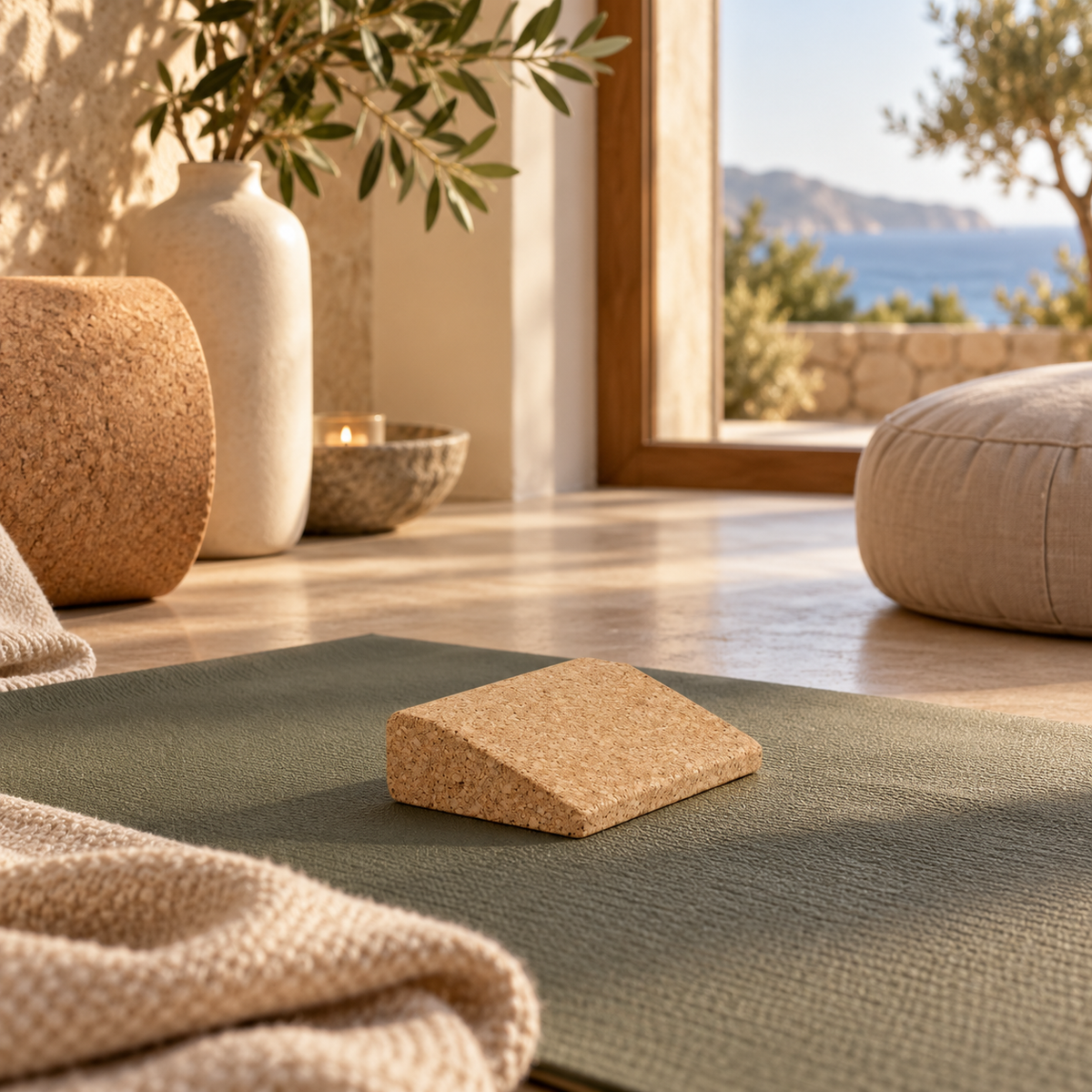 Mini cork yoga wedge in a warm Mediterranean-inspired wellness studio