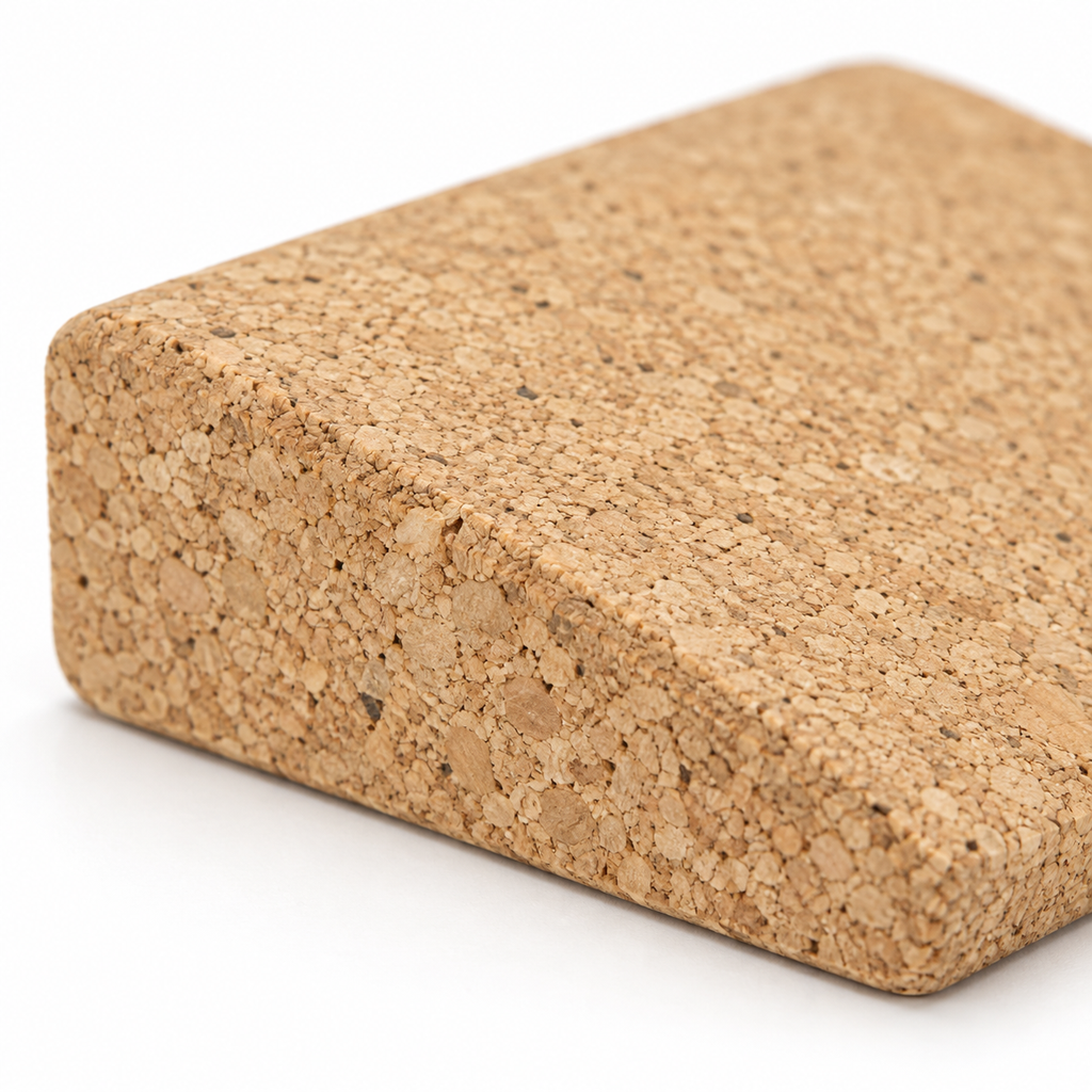 Macro detail of natural cork texture and tapered edge on mini cork yoga wedge