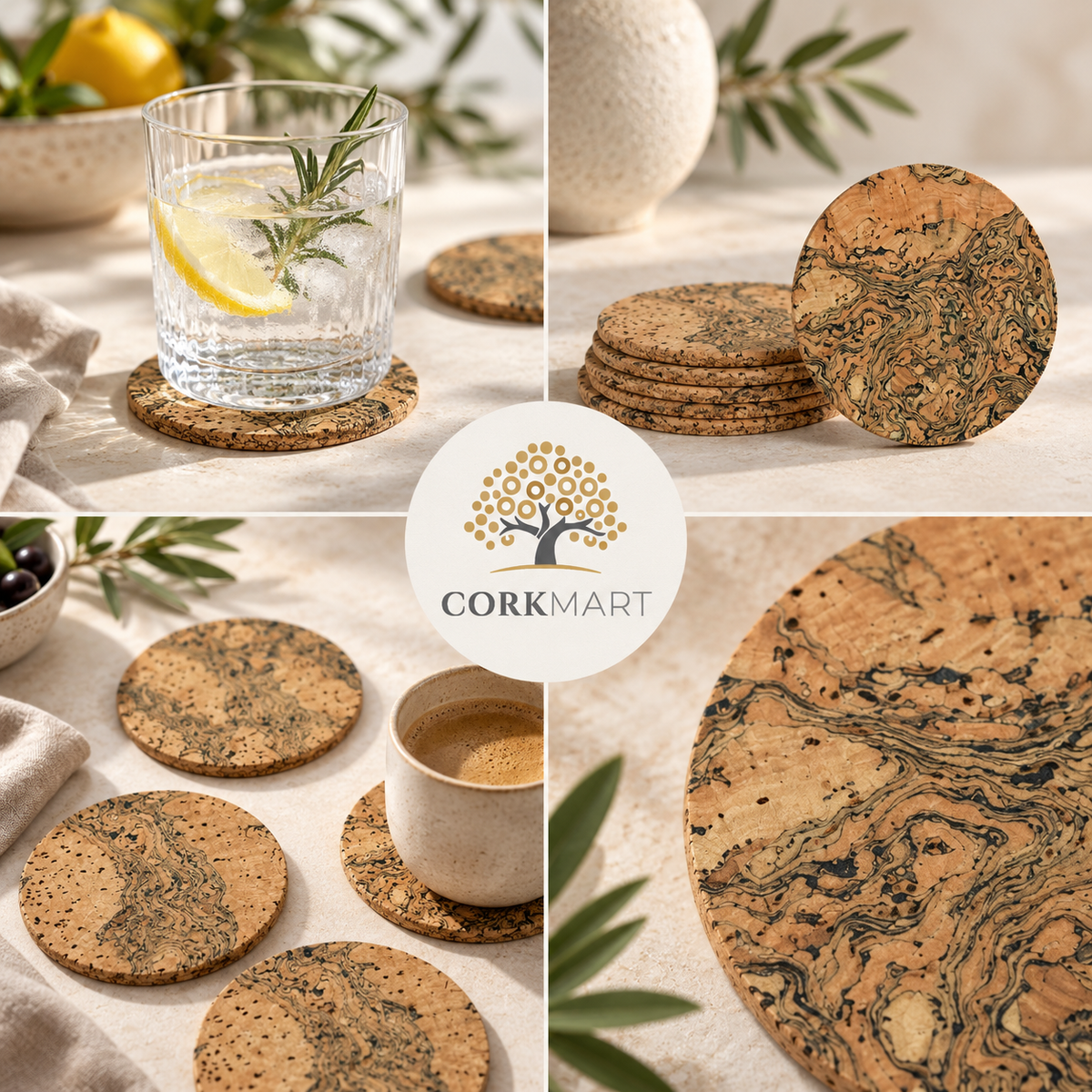 Mixed-shape cork coasters editorial collage with official CorkMart branding