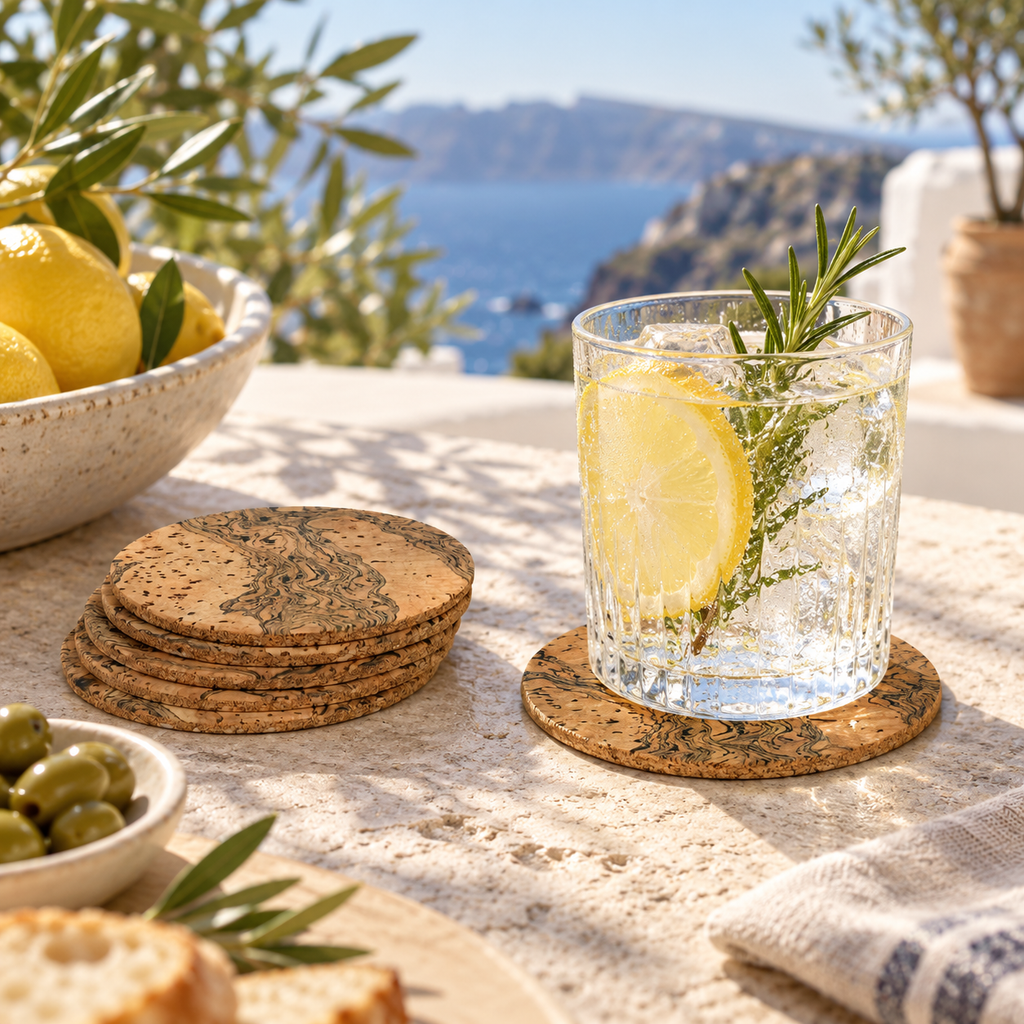 Mixed-shape cork coasters in a bright Mediterranean cold-drink setting