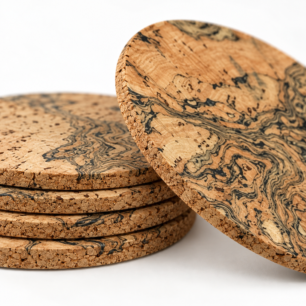 Macro close-up of mixed-shape cork coaster texture and 3 mm edge