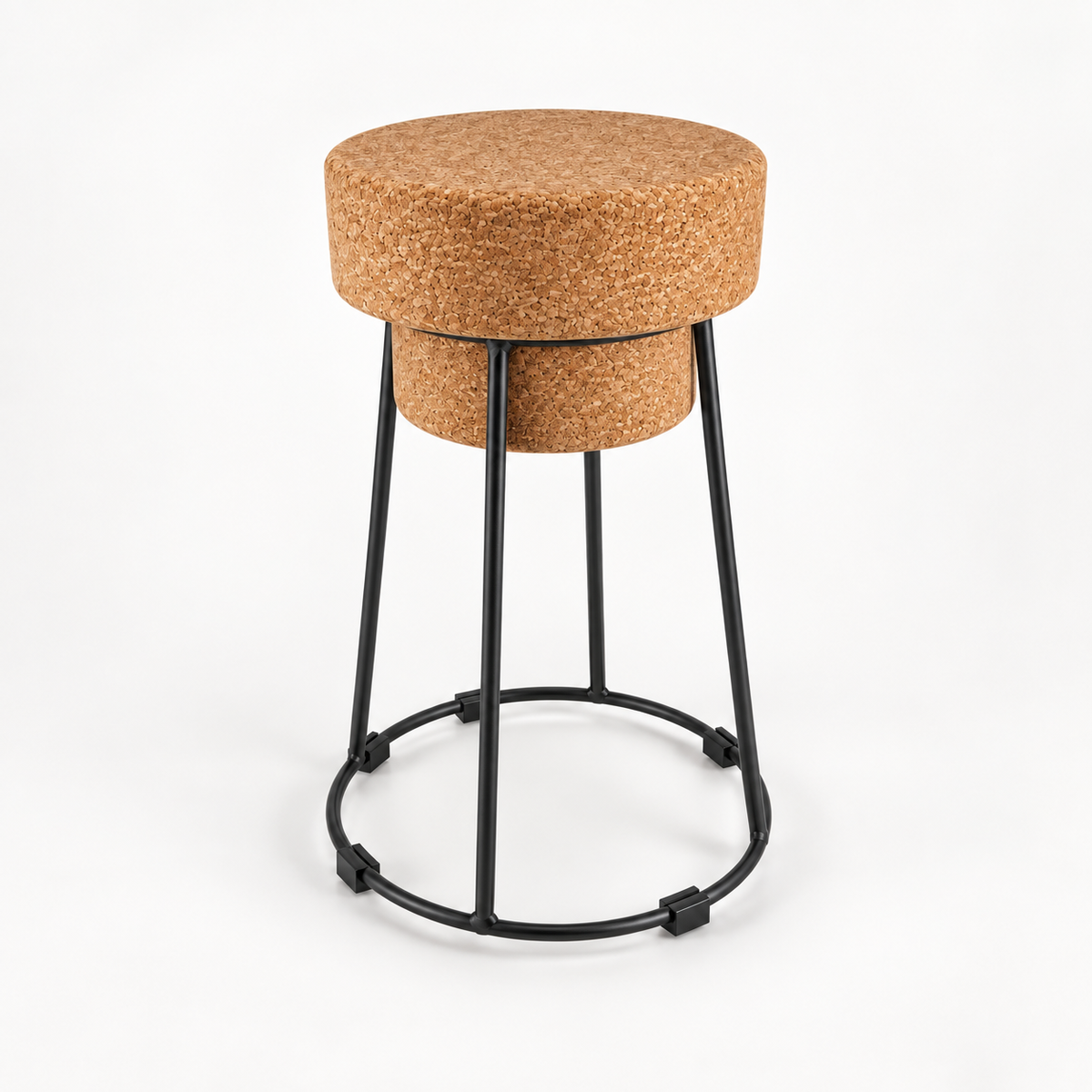 Muselet Small Cork & Metal Stool, angled studio view showing natural cork seat and open black metal frame