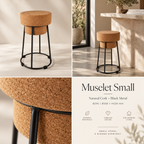Muselet Small Cork & Metal Stool editorial collage with real use, cork texture and dimensions