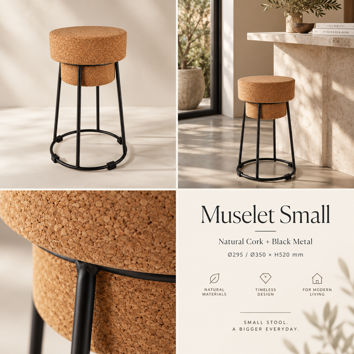 Muselet Small Cork & Metal Stool editorial collage with real use, cork texture and dimensions