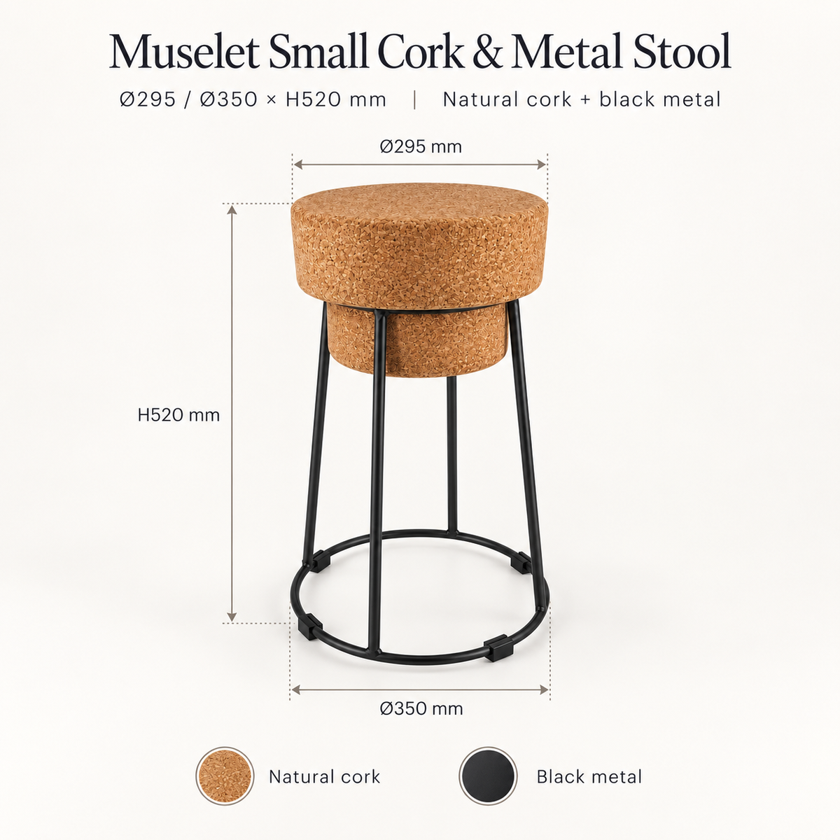 Muselet Small Cork & Metal Stool infographic with Ø295/350 × H520 mm dimensions, natural cork and black metal
