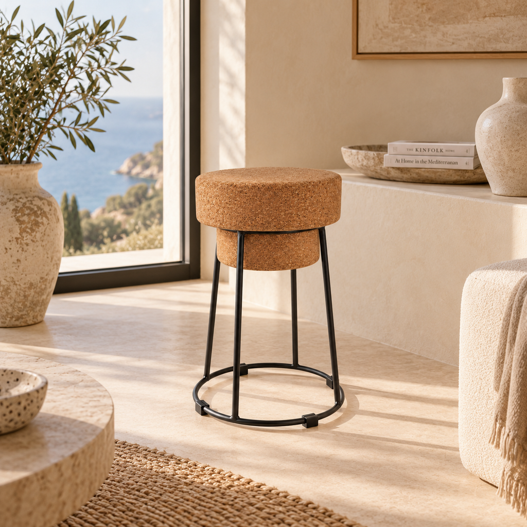 Muselet Small Cork & Metal Stool in a warm Mediterranean-inspired interior
