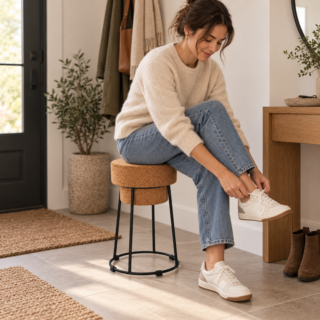 Muselet Small Cork & Metal Stool used as practical seating in a bright entryway