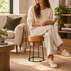 Muselet Small Cork & Metal Stool used as reading seating in a warm living room