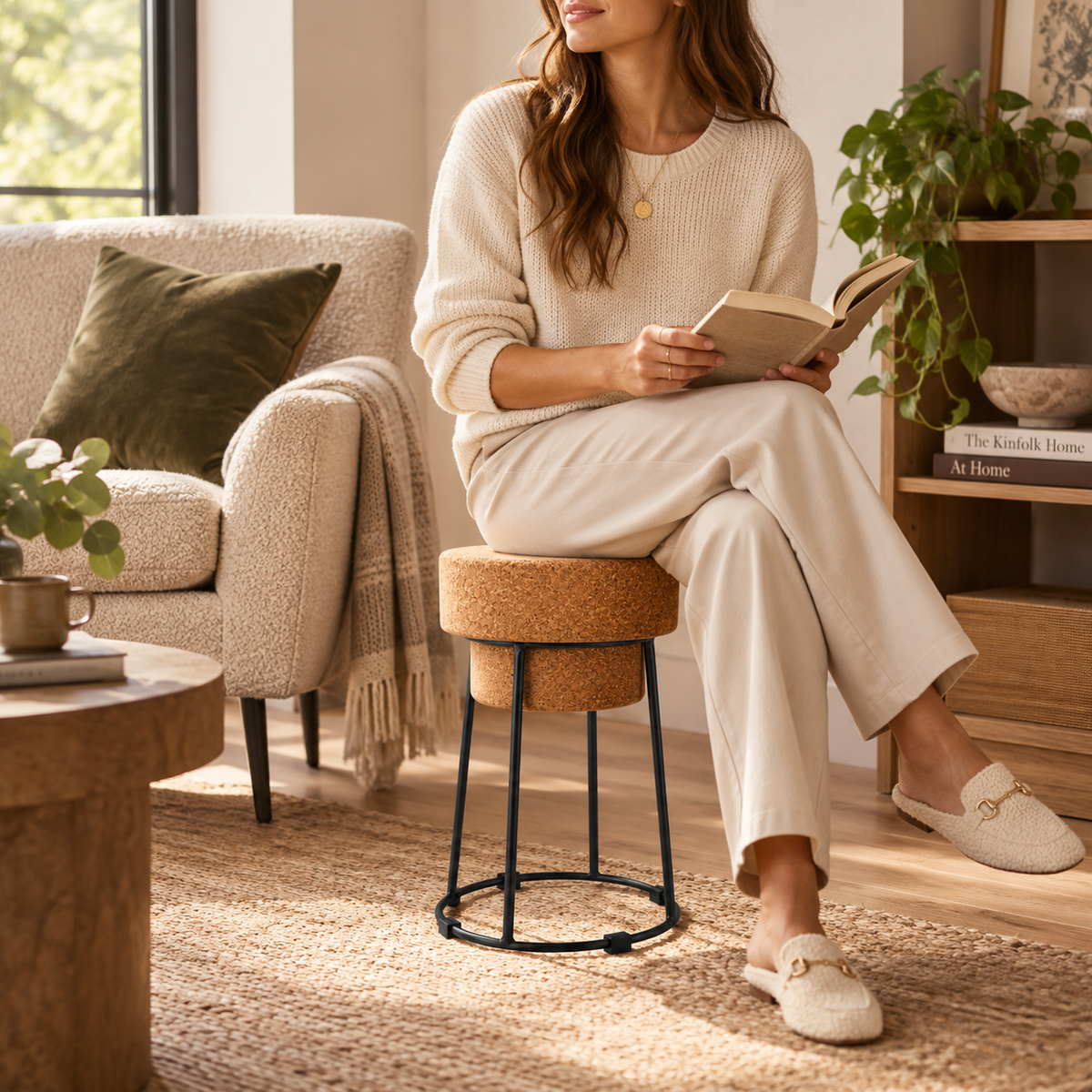 Muselet Small Cork & Metal Stool used as reading seating in a warm living room