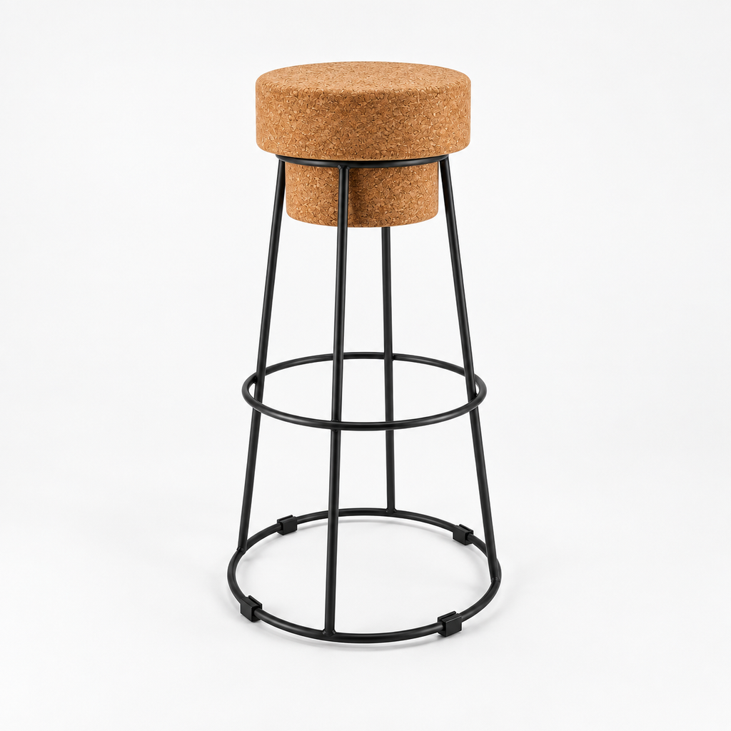 Muselet Cork & Metal Tall Stool, angled studio view showing natural cork seat, black metal frame and footrest