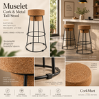 Muselet Cork & Metal Tall Stool editorial collage with real use, cork texture, metal details and dimensions