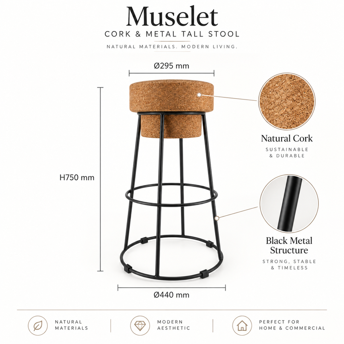 Muselet Cork & Metal Tall Stool infographic with Ø295/440 × H750 mm dimensions, natural cork and black metal