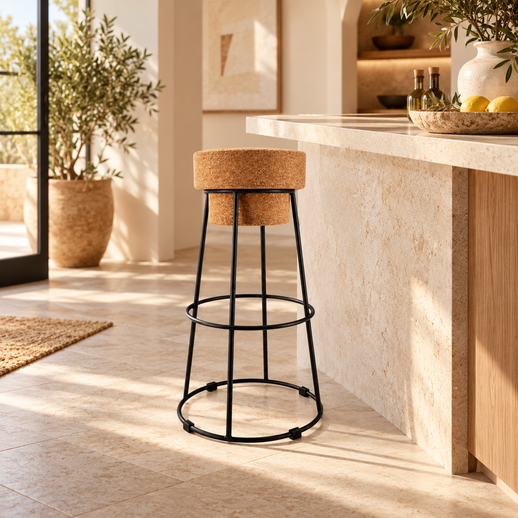 Muselet Cork & Metal Tall Stool in a warm Mediterranean-inspired kitchen interior