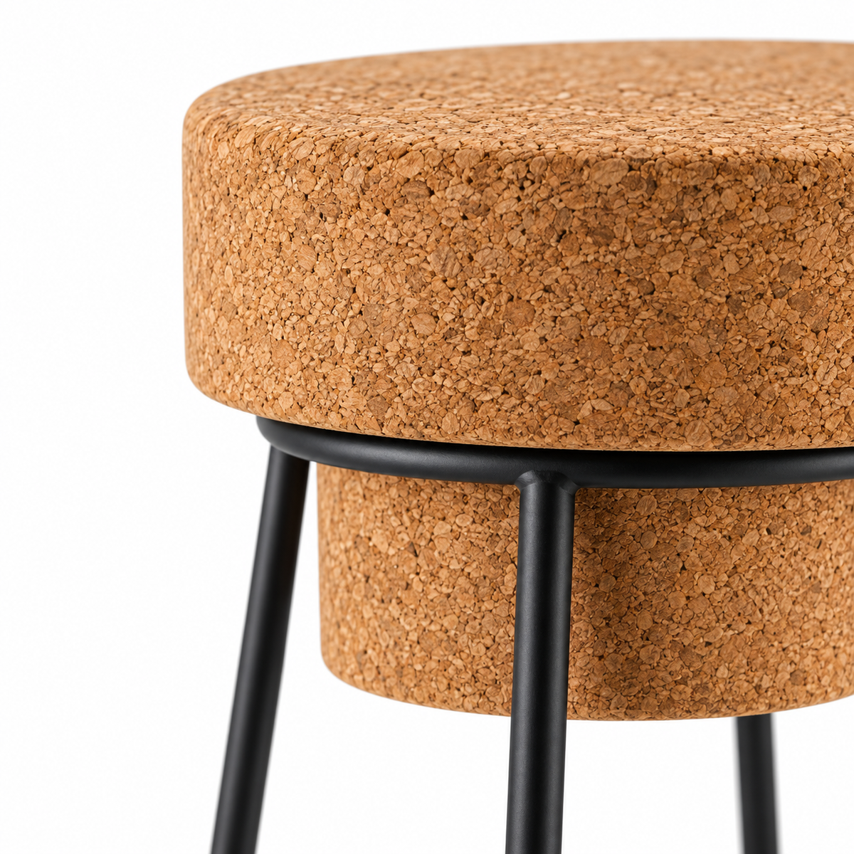 Macro detail of natural cork seat and black metal structure on Muselet Cork & Metal Tall Stool