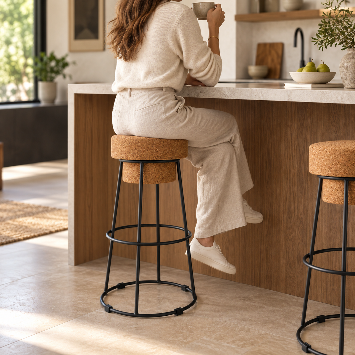 Muselet Cork & Metal Tall Stool used at a high kitchen counter