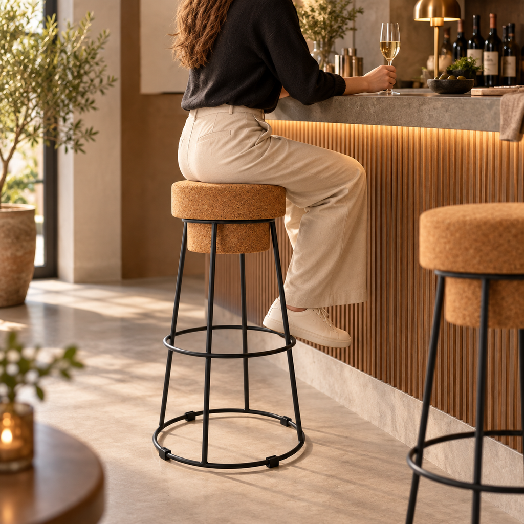 Muselet Cork & Metal Tall Stool used as bar-height seating in a hospitality setting