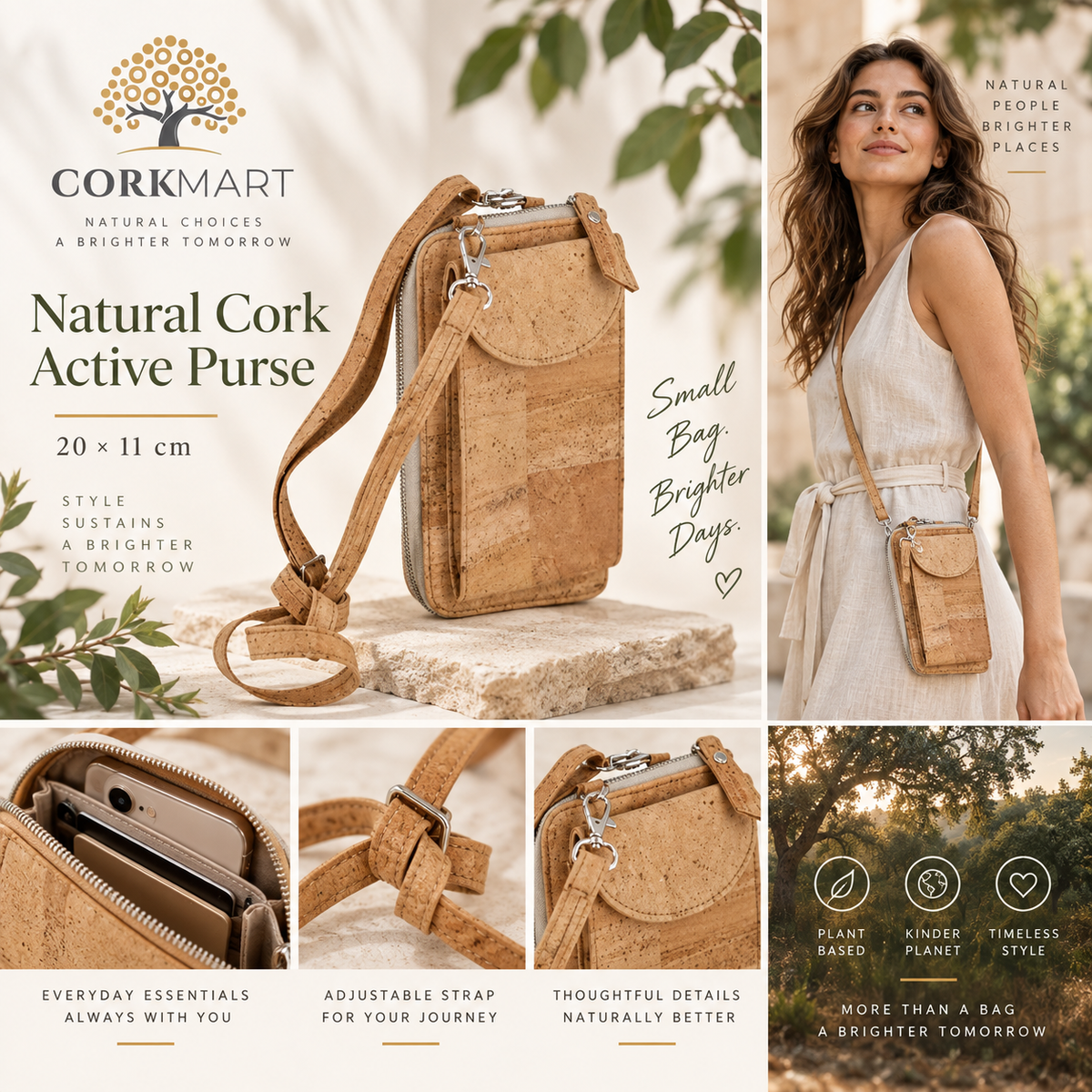 Natural Cork Active Purse editorial collage with official CorkMart logo