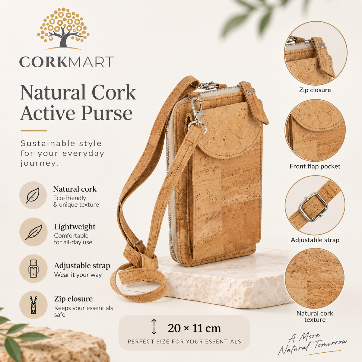 Natural Cork Active Purse infographic with official CorkMart logo, dimensions and product features