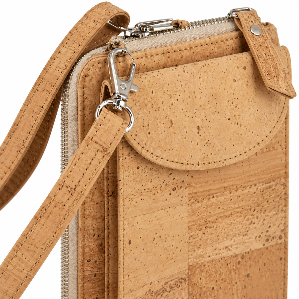 Natural Cork Active Purse, natural cork texture, stitching and hardware detail