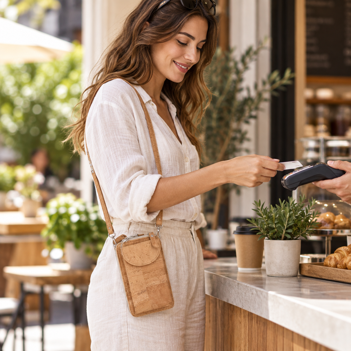 Natural Cork Active Purse in real cafe payment use