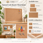 CorkMart editorial collage for Natural Cork Board | Wood Series — sizes, configurations and accessories