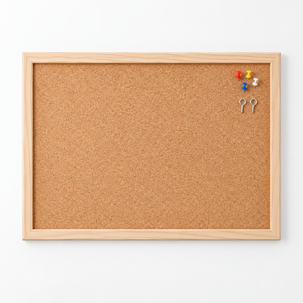 Natural Cork Board | Wood Series — premium studio hero with light wood frame and accessories