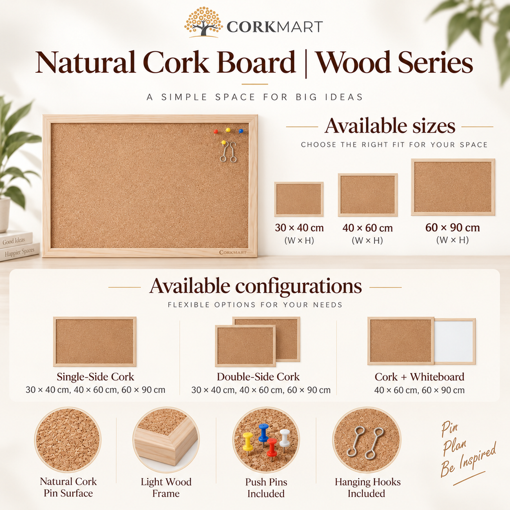 CorkMart infographic for Natural Cork Board | Wood Series — available sizes and configurations