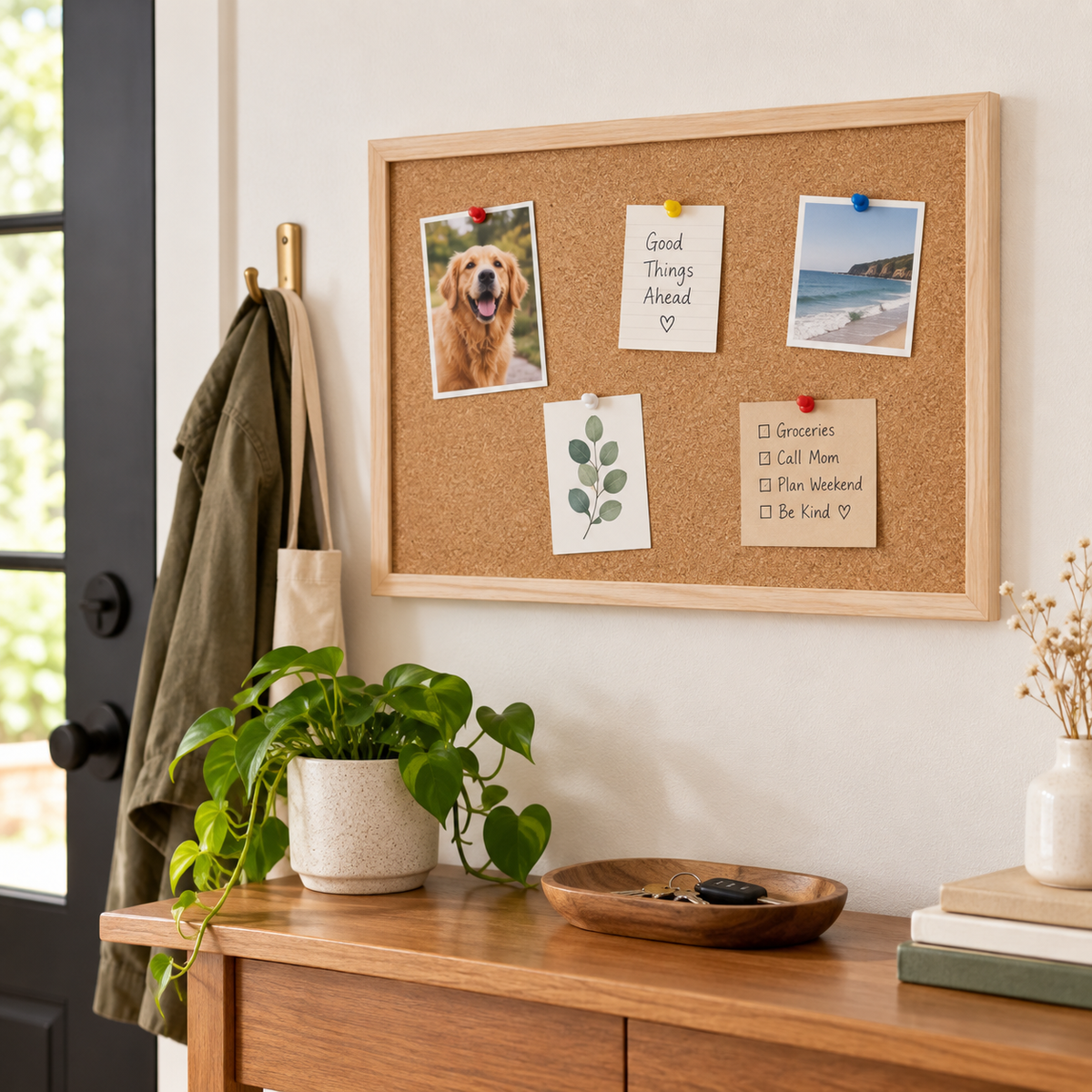 Natural Cork Board | Wood Series — entryway organization use with pinned reminders and photos