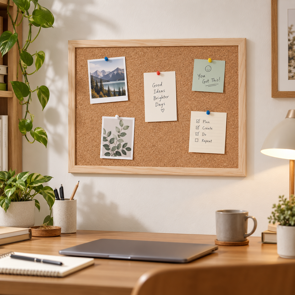 Natural Cork Board | Wood Series — home office use with pinned notes and photos